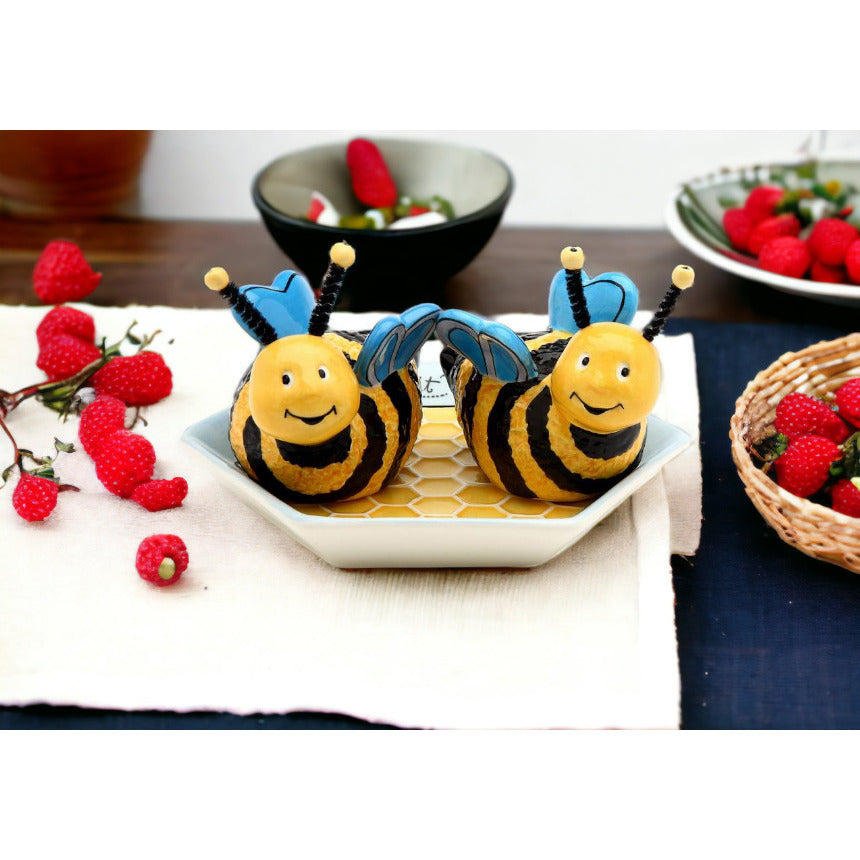 Let it Bee: Hand Painted Ceramic Bumblebees Salt and Pepper With Plate ( Set Of 3 )Home DcorKitchen Dcor Image 1