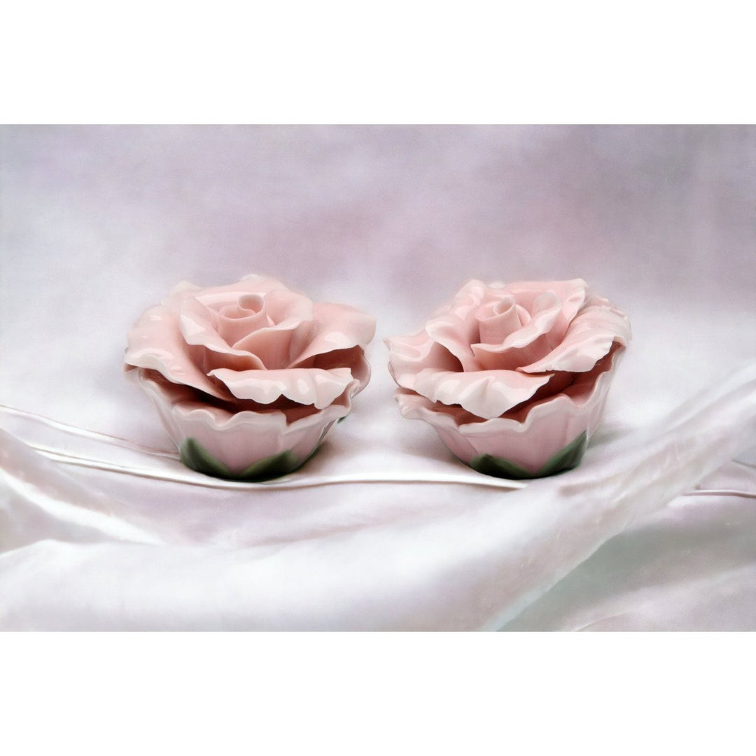 Handcrafted Ceramic Pink Rose Salt and Pepper Shakers 2.5in Elegant Image 1