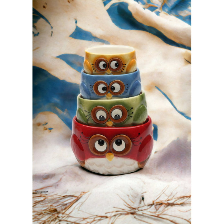 Ceramic Colorful Owl Measuring Cups Set 4 Pcs Hand Painted Gift Image 1