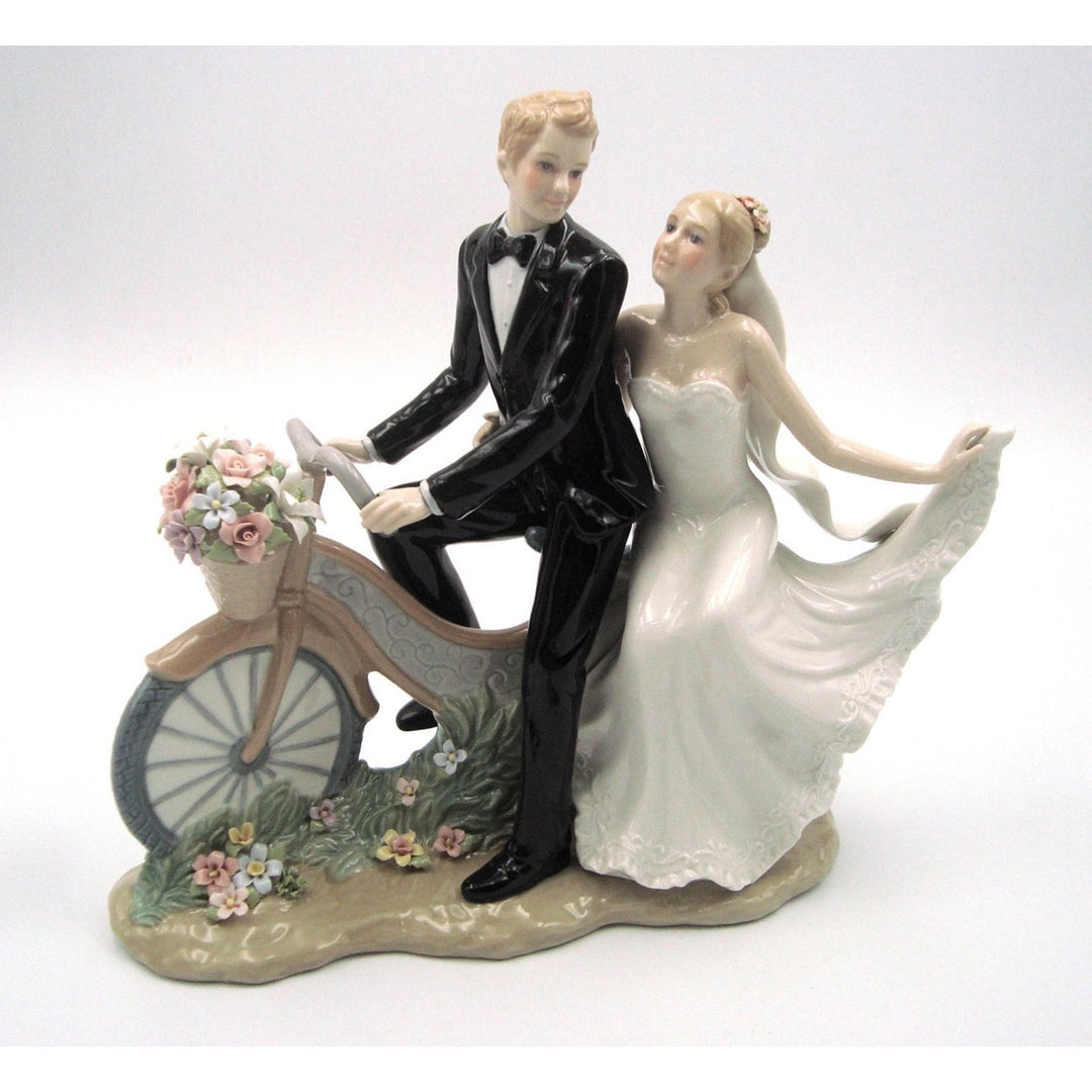 Ceramic Newlywed Couple on Bike Figurine 12.25 inch Wedding Decor Image 4