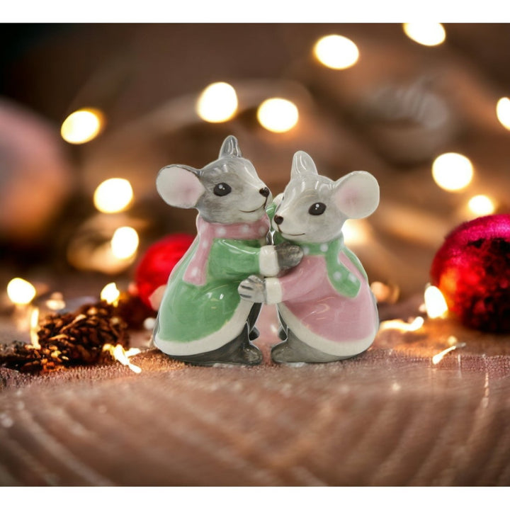 Pastel Ceramic Christmas Mice Salt and Pepper Shakers 3.5in Gift Image 1