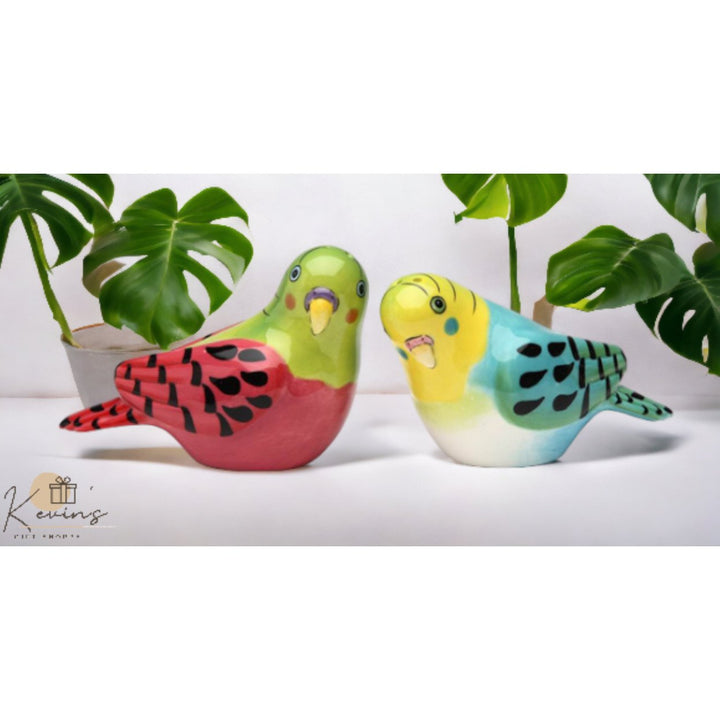 Ceramic Pink Blue Parakeet Salt and Pepper Shakers Image 1