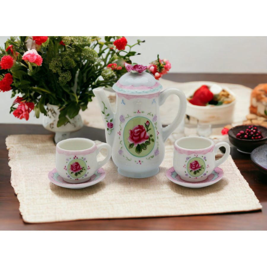 Ceramic Pink Rose Mini Tea Set 5 Piece Tea Party Friend Decor Image 1