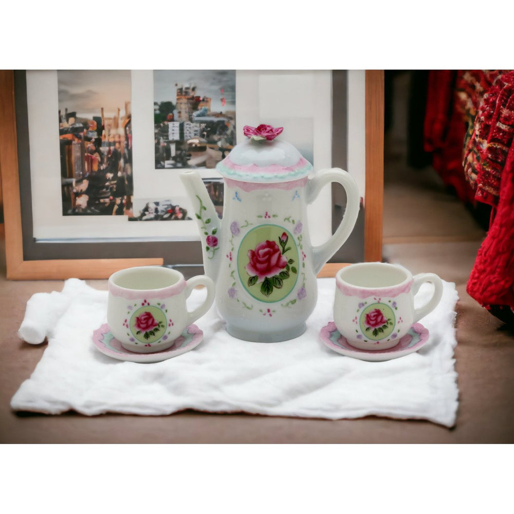 Ceramic Pink Rose Mini Tea Set 5 Piece Tea Party Friend Decor Image 2