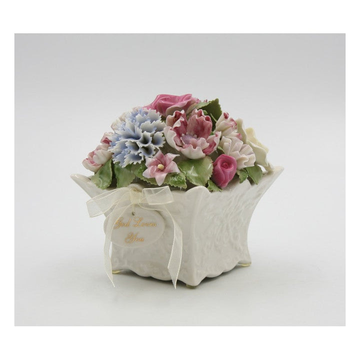 Edelweiss Music Box Ceramic Flower Bouquet with God Loves You Pendant 5.5"x5" Image 4