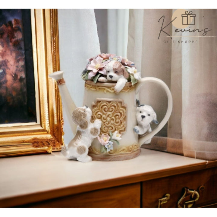 Ceramic Music Box Puppies with Flower Pitcher Gift for Dog Lovers Image 1