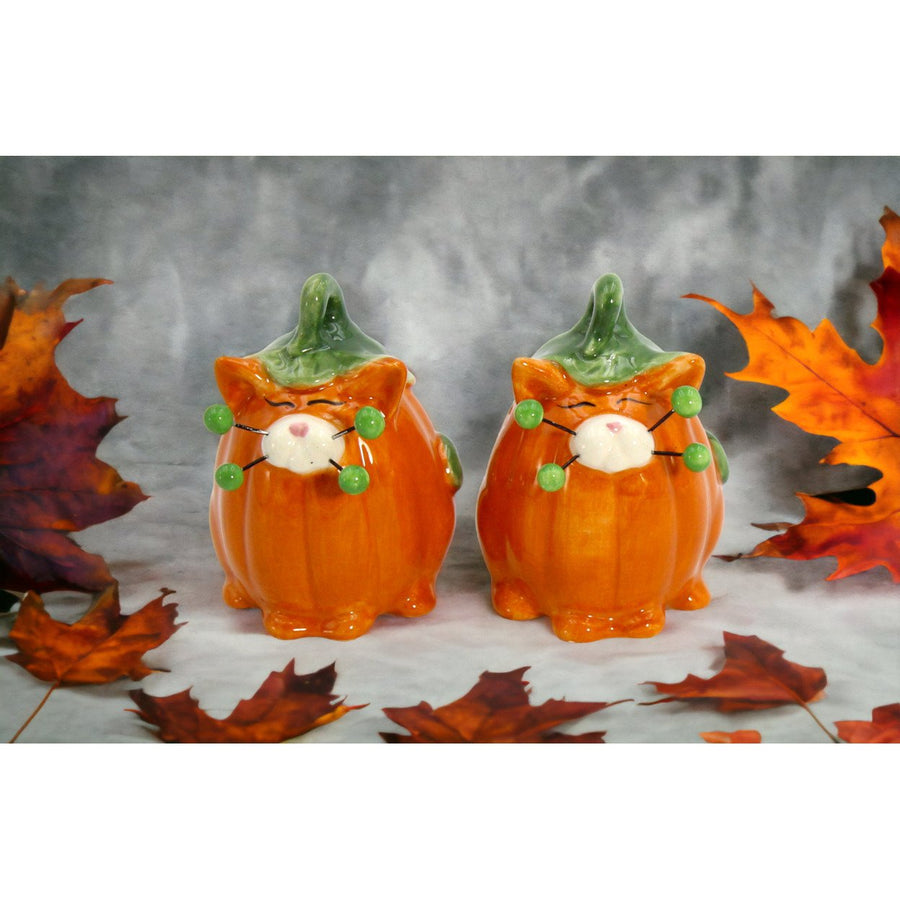 Ceramic Pumpkin Cats with Beaded Whiskers Salt and PepperKitchen DcorFall DcorHalloween Dcor Image 1