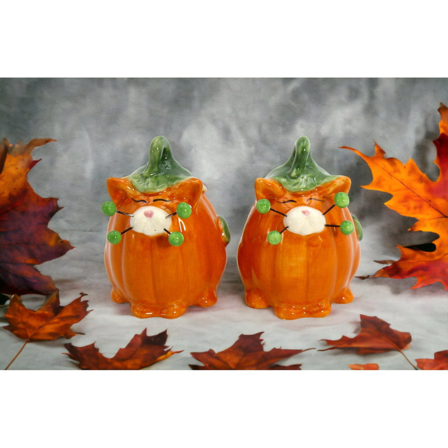 Ceramic Pumpkin Cat Salt and Pepper Shakers Fall Halloween Gift Image 1