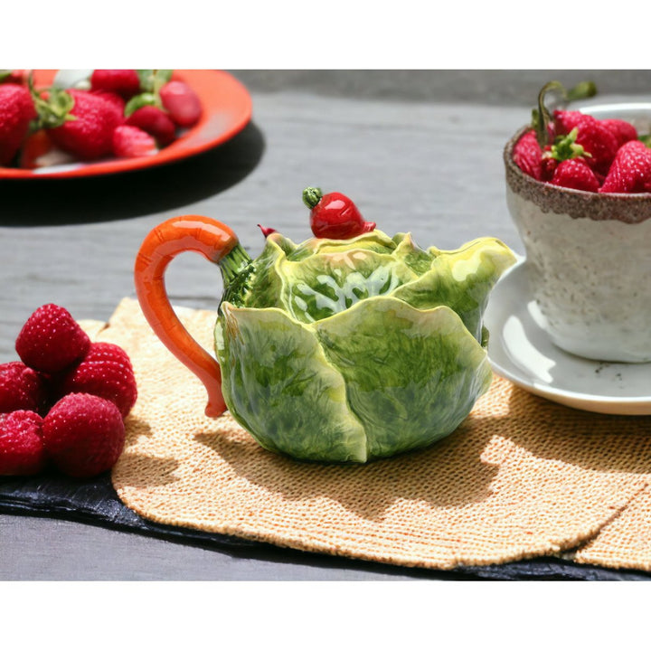 Hand Painted Ceramic Cabbage Teapot with Carrot Lid 16oz Image 1