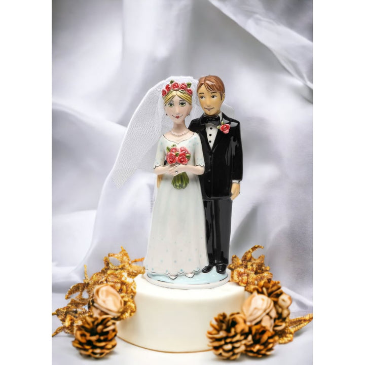 Hand Painted Ceramic Wedding Cake Topper Bride Groom 3.125x2.5x7.375 Inches Image 1