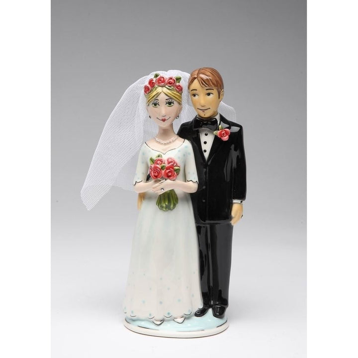 Hand Painted Ceramic Wedding Cake Topper Bride Groom 3.125x2.5x7.375 Inches Image 2