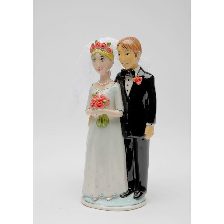 Hand Painted Ceramic Wedding Cake Topper Bride Groom 3.125x2.5x7.375 Inches Image 3