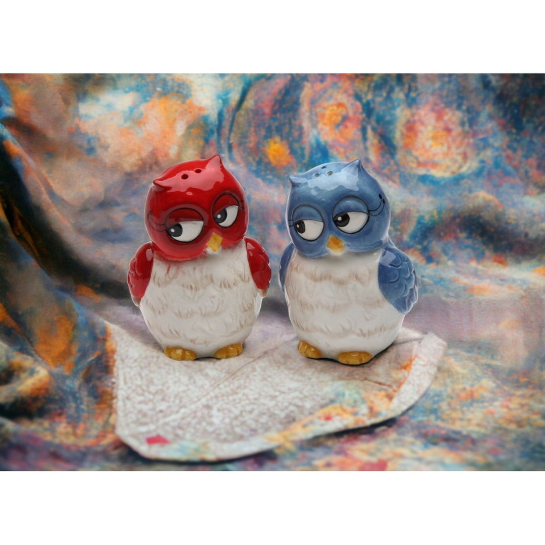 Ceramic Owl Salt and Pepper Shakers Blue Red 2x1.625x3in Image 1