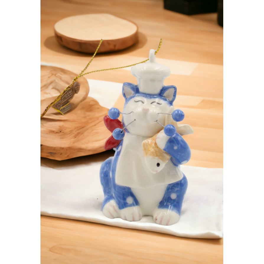 Ceramic Whisker Cat Chef Ornament 2x2x3.5 Decor Gift for Cat Lovers and Chefs Image 1