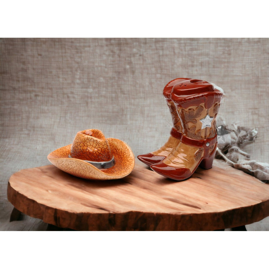 Hand Painted Ceramic Cowboy Hat Boots Salt Pepper Shakers Western Image 1