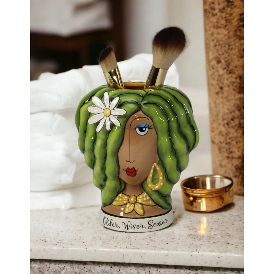 Kevins Gift Shoppe Ceramic Lady with Green Hair Makeup Brush or Pen Holder Image 1