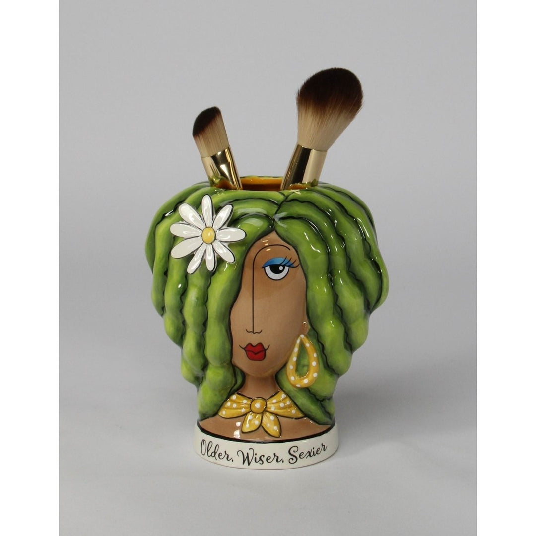 Kevins Gift Shoppe Ceramic Lady with Green Hair Makeup Brush or Pen Holder Image 3