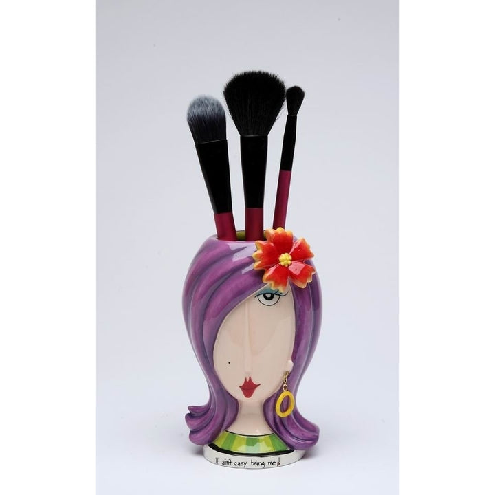 Ceramic Makeup Brush Holder Lady Floral Vanity 3.5x3.375x5.87 inches Image 4