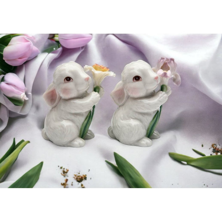 Ceramic Bunny Rabbit Salt and Pepper Shakers with Flowers Image 1