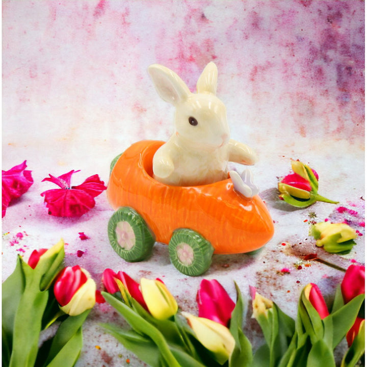 Ceramic Bunny Rabbit Carrot Racecar Salt Pepper Shakers Spring Image 2