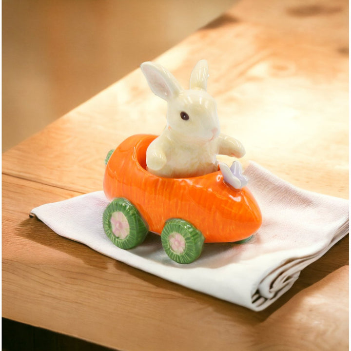 Ceramic Bunny Rabbit Carrot Racecar Salt Pepper Shakers Spring Image 3