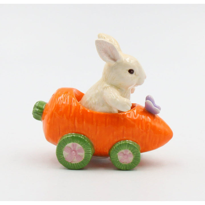 Ceramic Bunny Rabbit Carrot Racecar Salt Pepper Shakers Spring Image 4