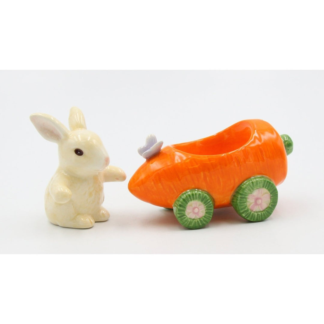 Ceramic Bunny Rabbit Carrot Racecar Salt Pepper Shakers Spring Image 6