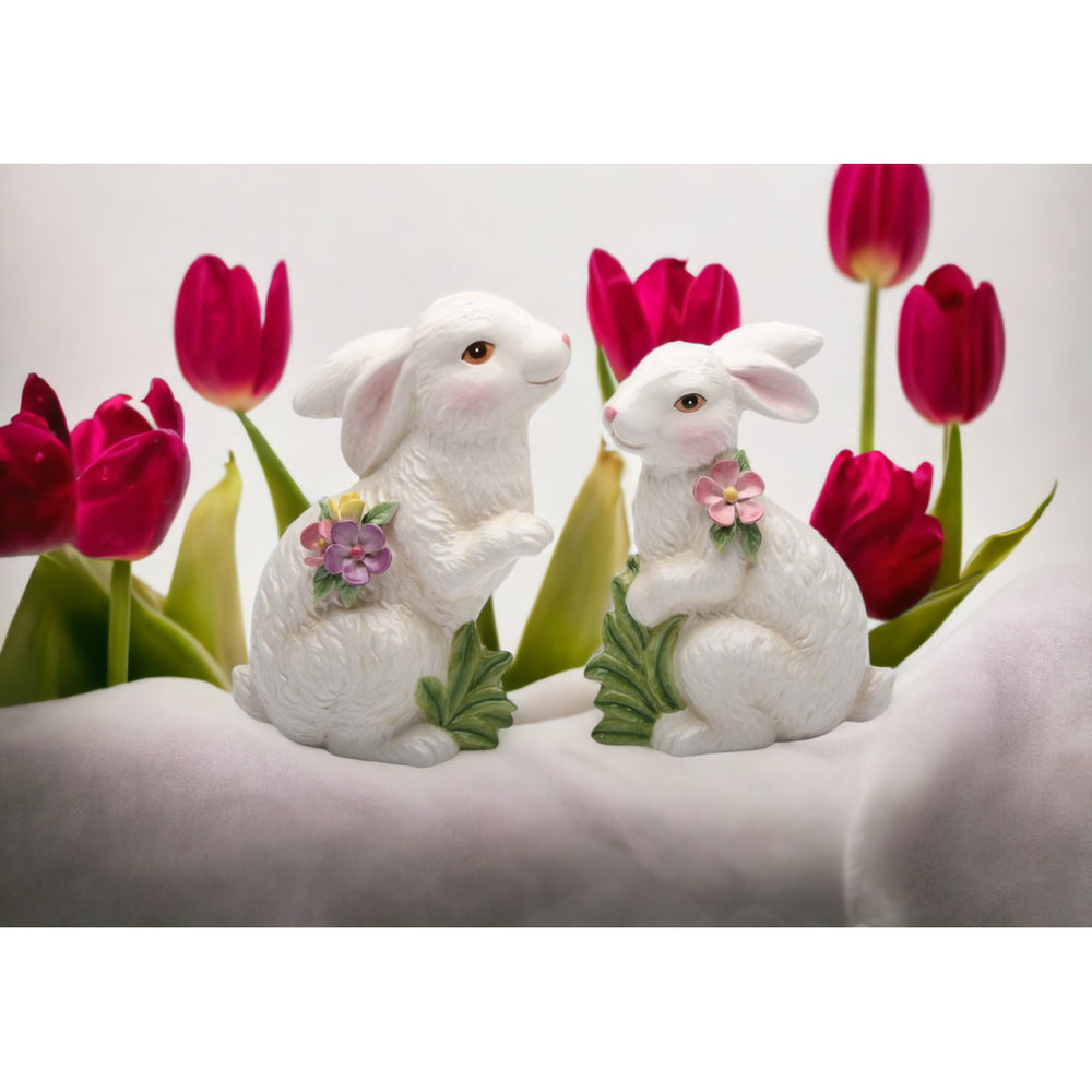 Springtime Bunnies: Cute Easter Rabbits with Flowers FigurinesSet of 2 Image 2