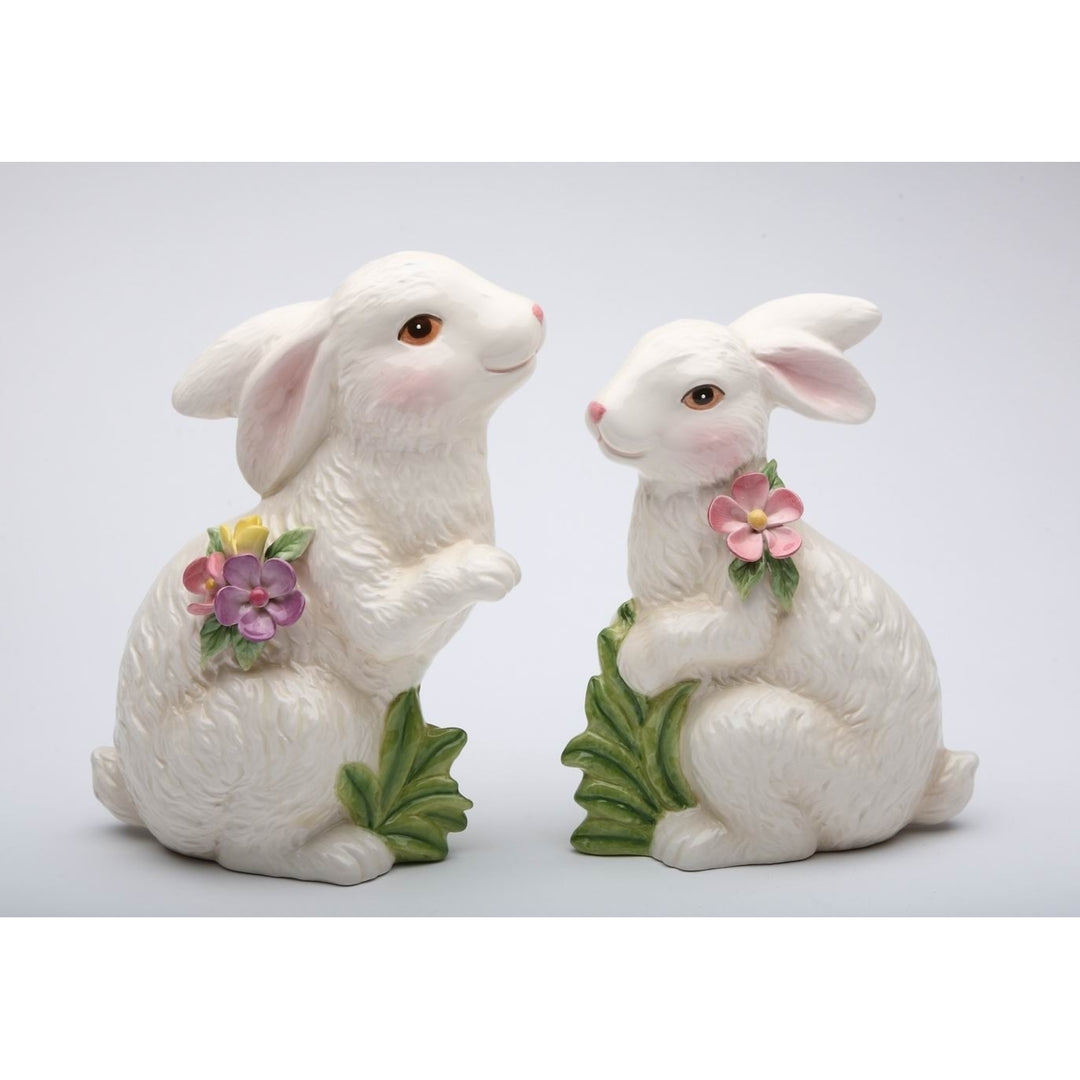 Springtime Bunnies: Cute Easter Rabbits with Flowers FigurinesSet of 2 Image 3