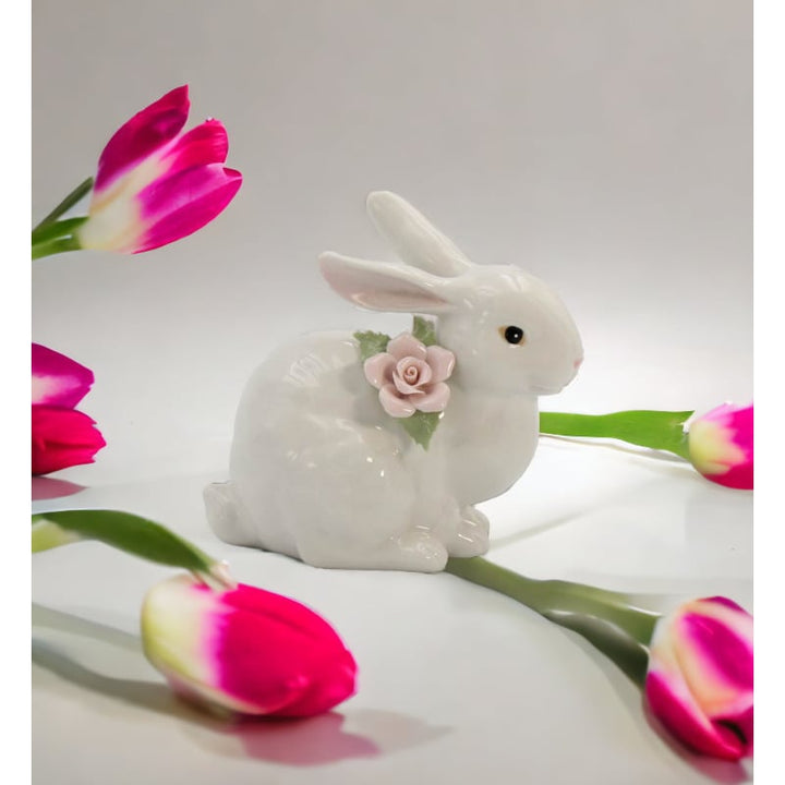 Springtime Bunnies Crouching Easter Bunny Figurine with Pink Rose 4.5 Inch Image 1