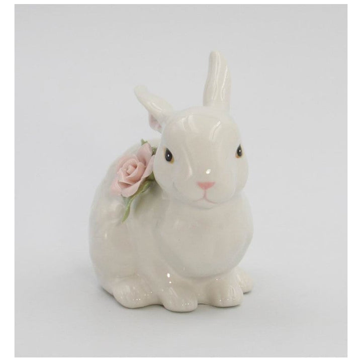 Springtime Bunnies Crouching Easter Bunny Figurine with Pink Rose 4.5 Inch Image 3