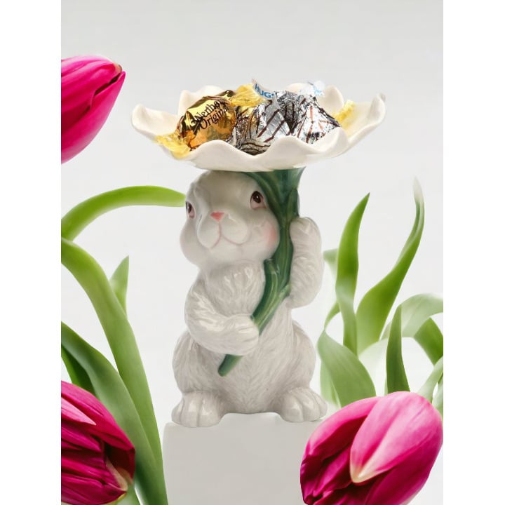 Ceramic Easter Bunny Rabbit Flower Candy Dish 3.5" Image 1