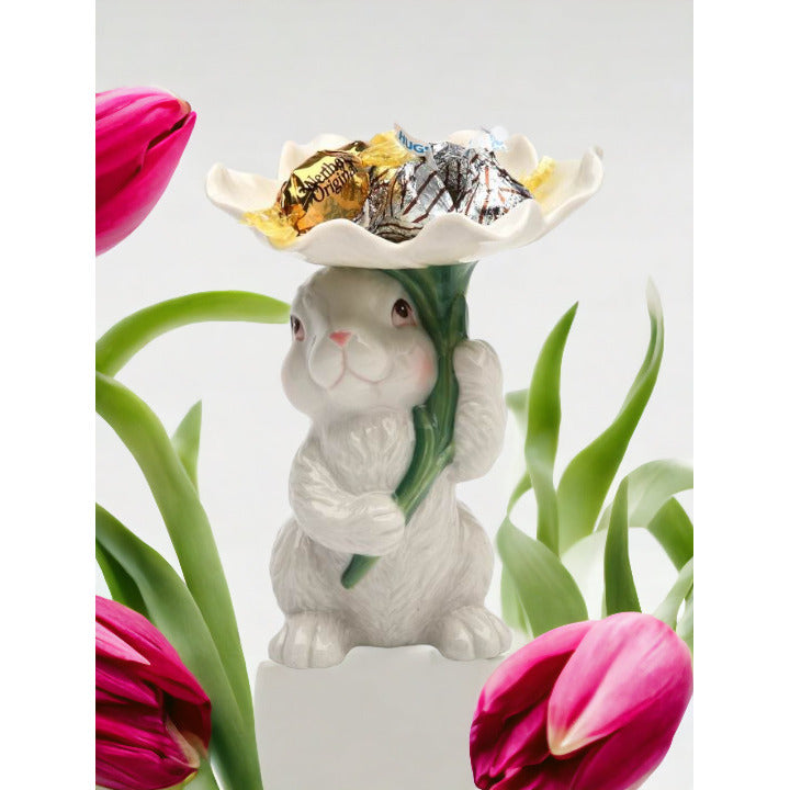 Ceramic Easter Bunny Rabbit Holding Flower Candy DishHome DcorKitchen DcorSpring DcorEaster Dcor Image 1