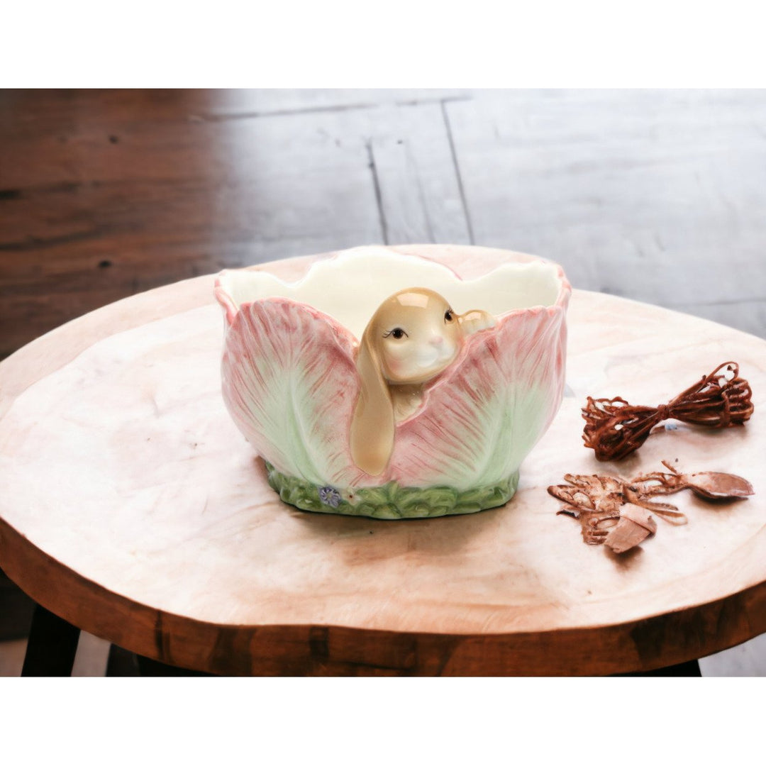 Ceramic Easter Bunny Rabbit Flower Candy Bowl  5x4.5 Image 3