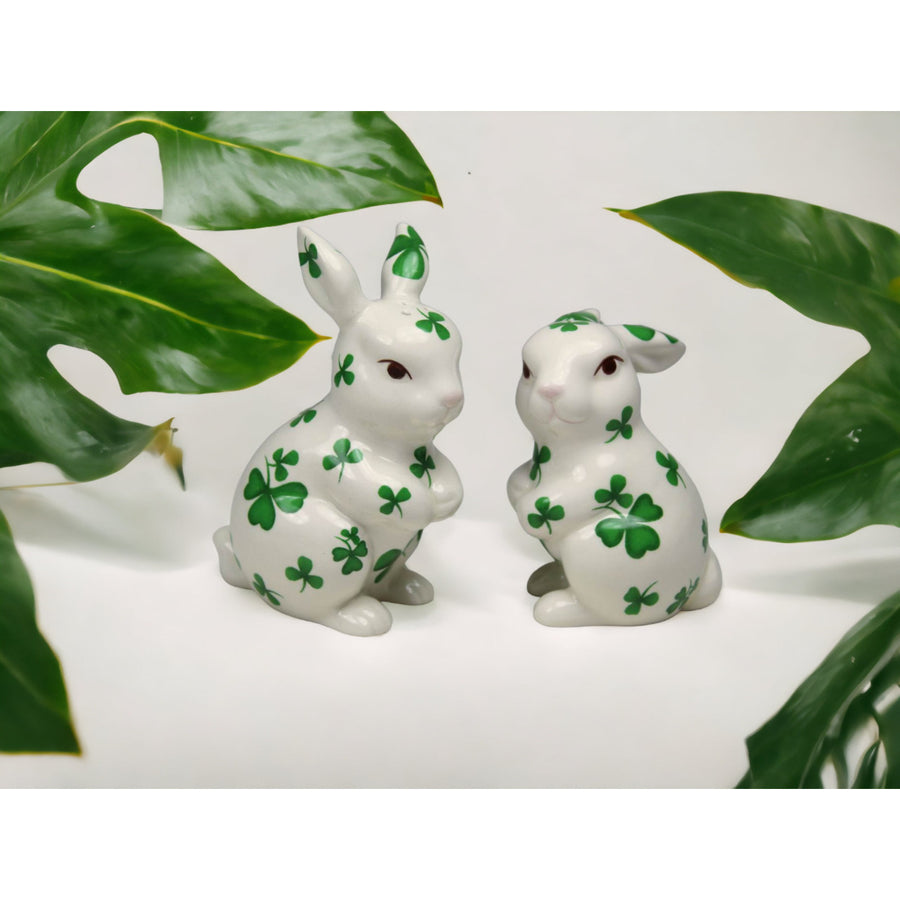 Ceramic Irish Easter Bunny Rabbit with Shamrock Pattern Salt and Pepper ShakersKitchen DcorSaint Patricks Day Image 1
