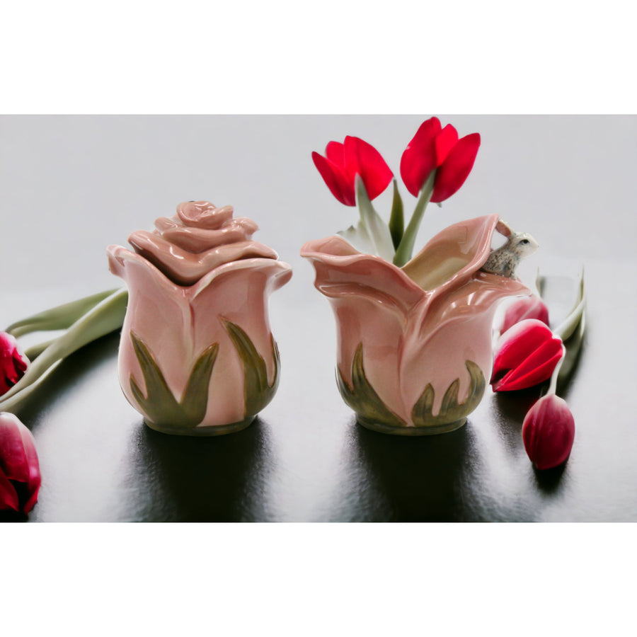 Ceramic Pink Rose Bunny Rabbit Sugar and Creamer Set Kitchen Spring Image 1