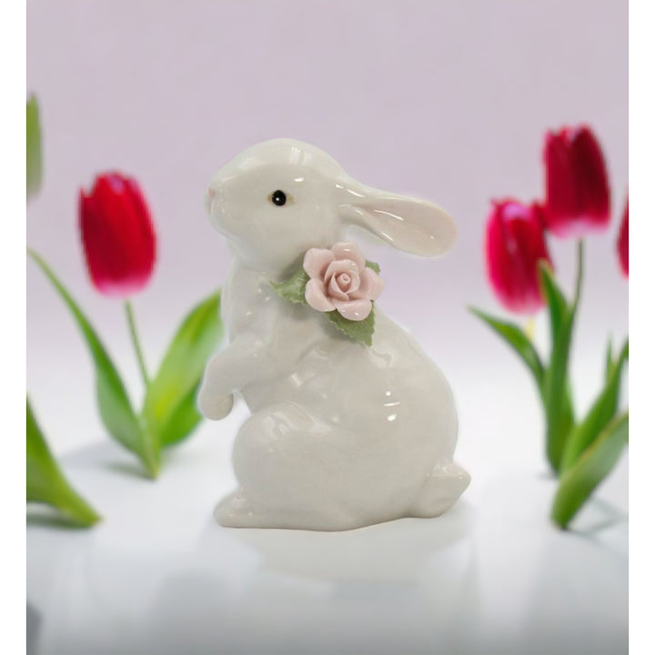 Springtime Bunnies: Standing Easter Bunny Rabbit with Pink Rose Flower Figurine Image 1