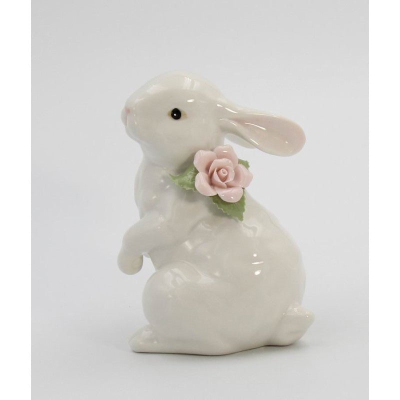 Springtime Bunnies: Standing Easter Bunny Rabbit with Pink Rose Flower Figurine Image 2