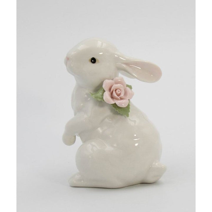 Springtime Bunnies: Standing Easter Bunny Rabbit with Pink Rose Flower Figurine Image 2