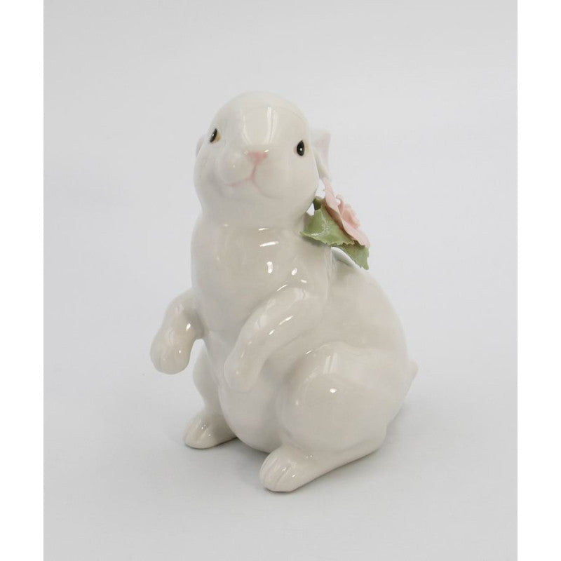 Springtime Bunnies: Standing Easter Bunny Rabbit with Pink Rose Flower Figurine Image 3