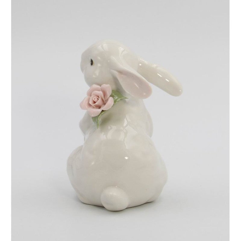 Springtime Bunnies: Standing Easter Bunny Rabbit with Pink Rose Flower Figurine Image 4