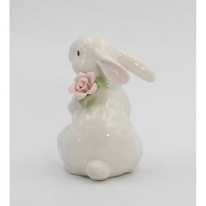 Springtime Bunnies: Standing Easter Bunny Rabbit with Pink Rose Flower Figurine Image 4