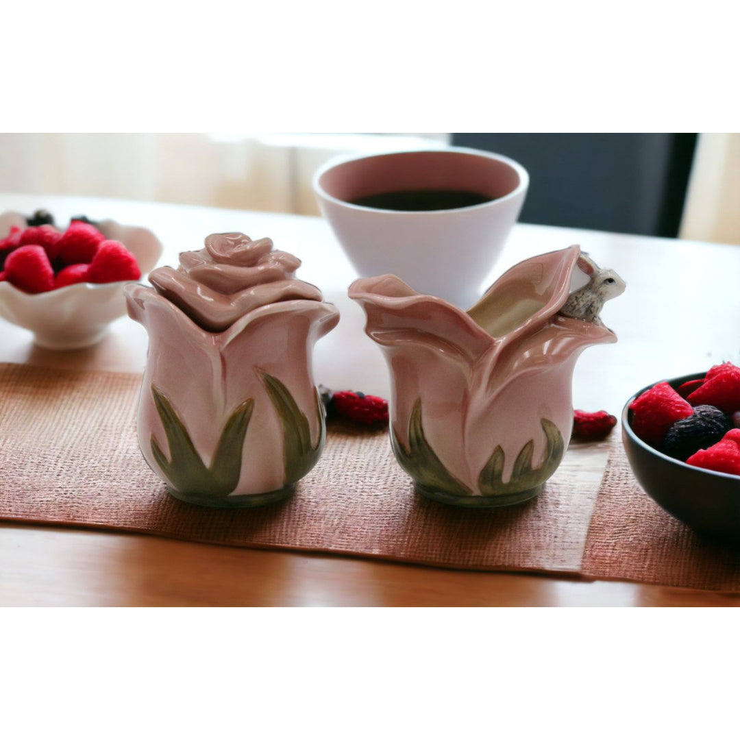 Ceramic Pink Rose Bunny Rabbit Sugar and Creamer Set Kitchen Spring Image 2