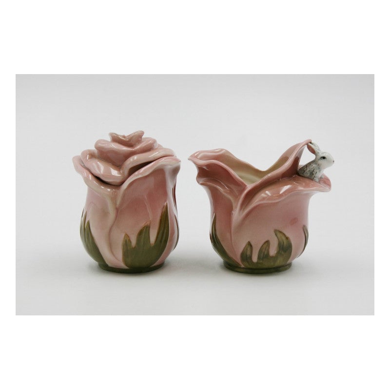 Ceramic Pink Rose Bunny Rabbit Sugar and Creamer Set Kitchen Spring Image 3