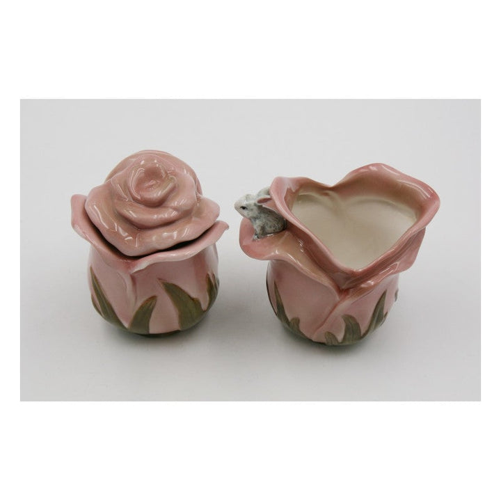 Ceramic Pink Rose Bunny Rabbit Sugar and Creamer Set Kitchen Spring Image 4