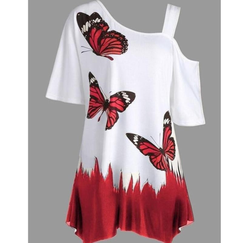 Women Summer One Shoulder Short Sleeve Top Fashion Butterfly Print Half-strapped T-shirt Image 1