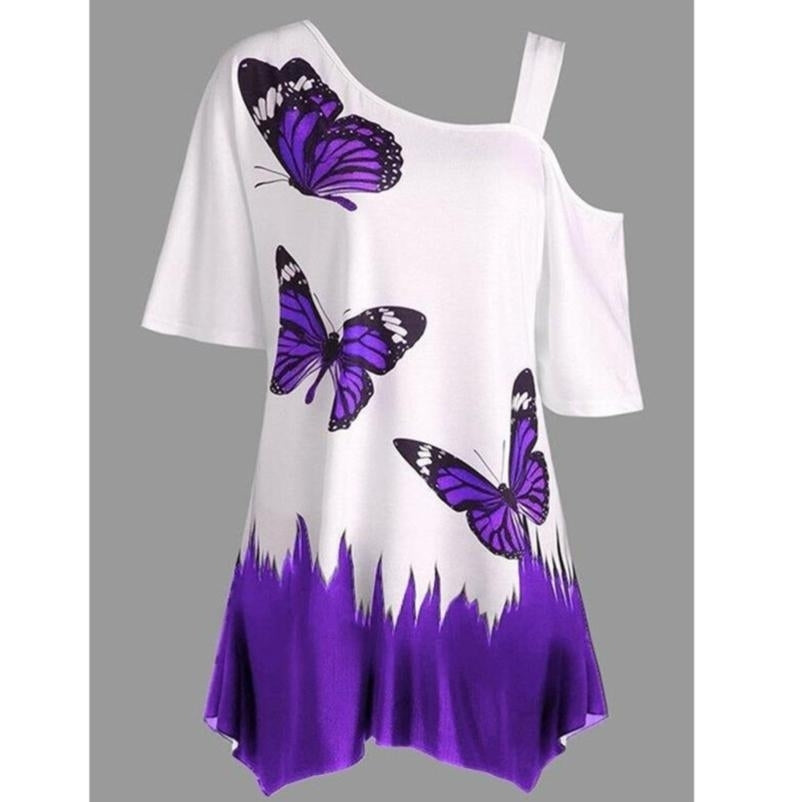 Women Summer One Shoulder Short Sleeve Top Fashion Butterfly Print Half-strapped T-shirt Image 2