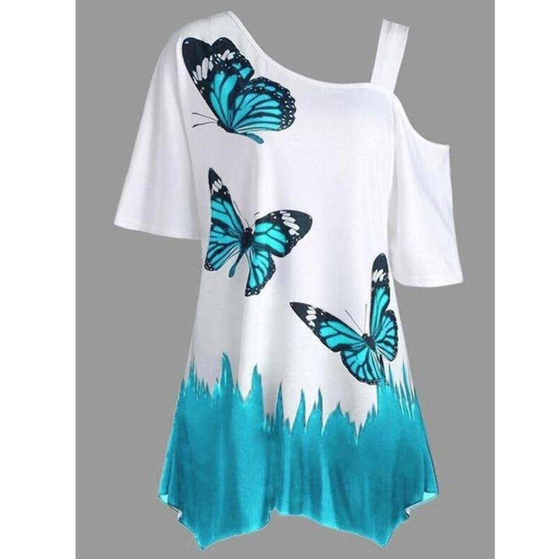 Women Summer One Shoulder Short Sleeve Top Fashion Butterfly Print Half-strapped T-shirt Image 3