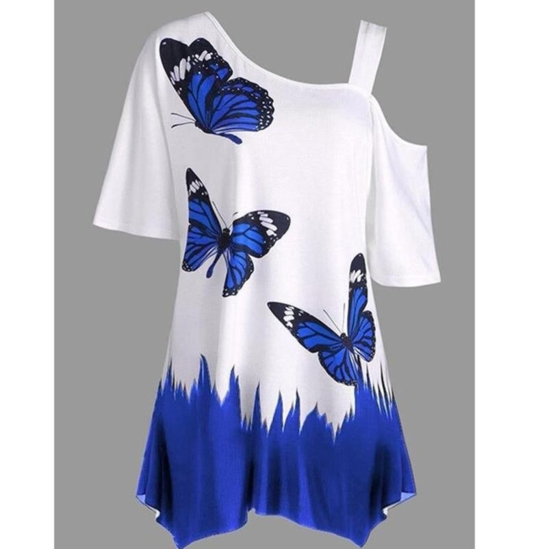 Women Summer One Shoulder Short Sleeve Top Fashion Butterfly Print Half-strapped T-shirt Image 4