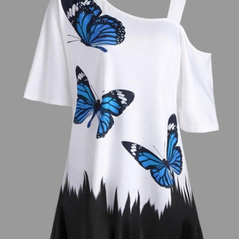 Women Summer One Shoulder Short Sleeve Top Fashion Butterfly Print Half-strapped T-shirt Image 4